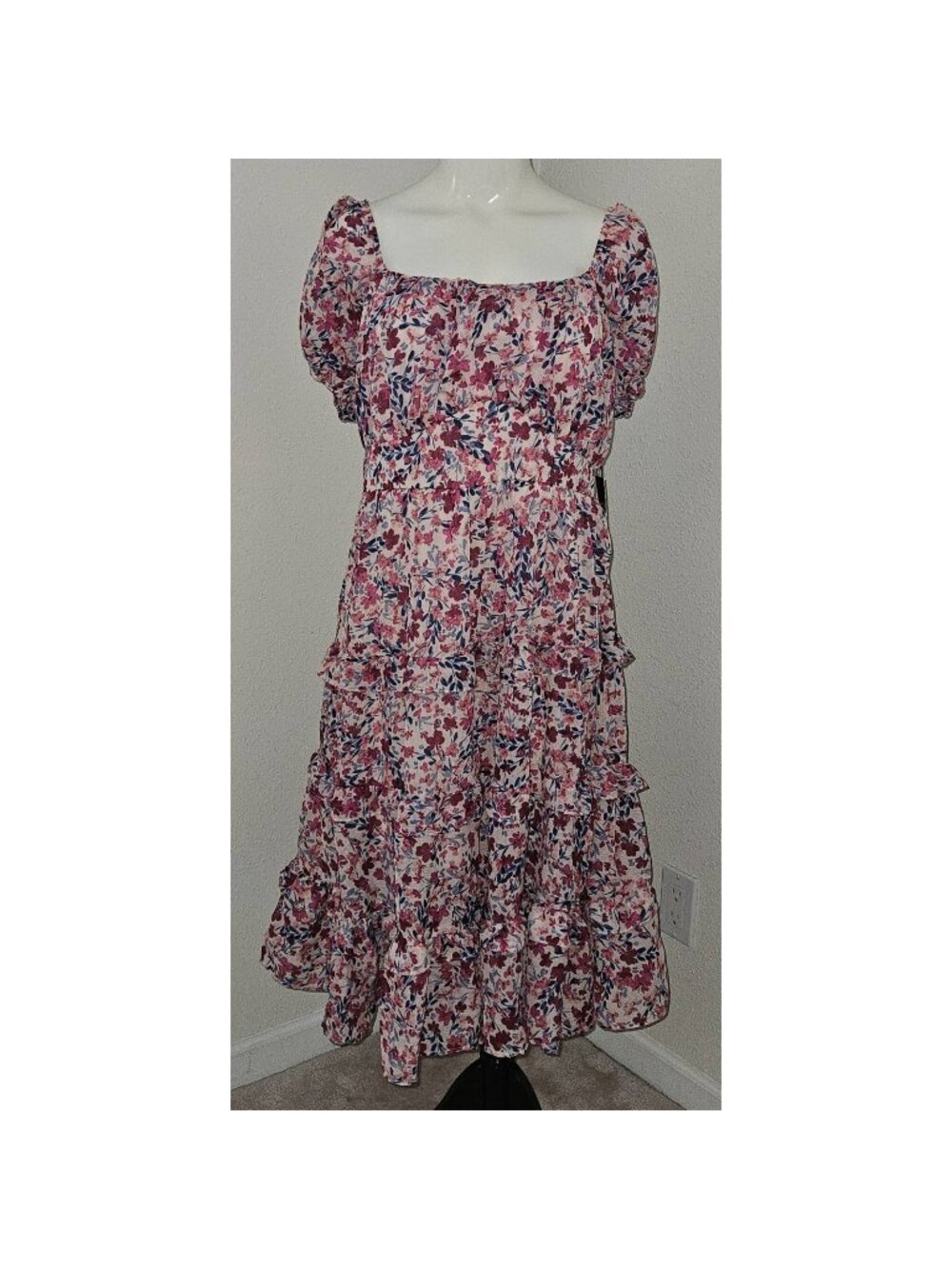 NWT Liberty Love Pink Blue Floral Dress 1XL Square Neckline Tiered Midi Skirt